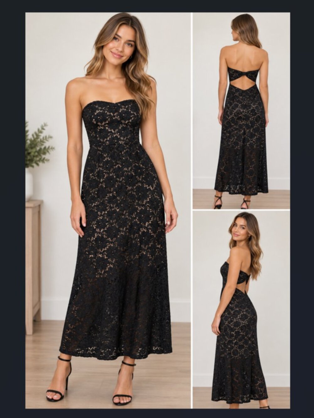 Bear Dance Black Lace Strapless Maxi Dress Open Back Bow Size S